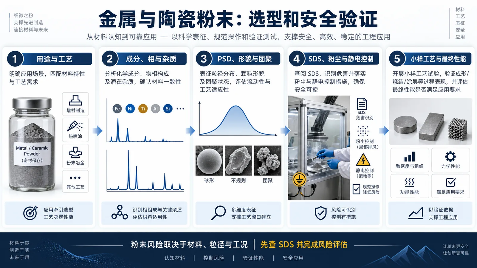 镍粉用途成分粒径形貌粉尘安全和小样工艺验证流程图