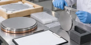 戴手套的检验人员在工作台核对圆形溅射靶材与背板组件，概念配图
